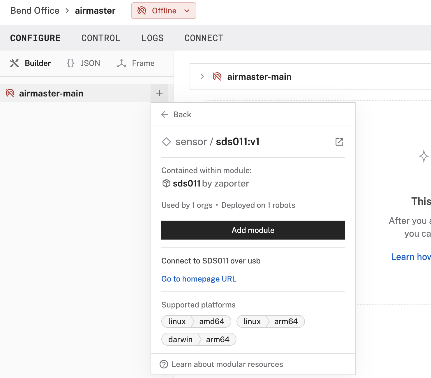 The Add Module button that appears after you click the model name.